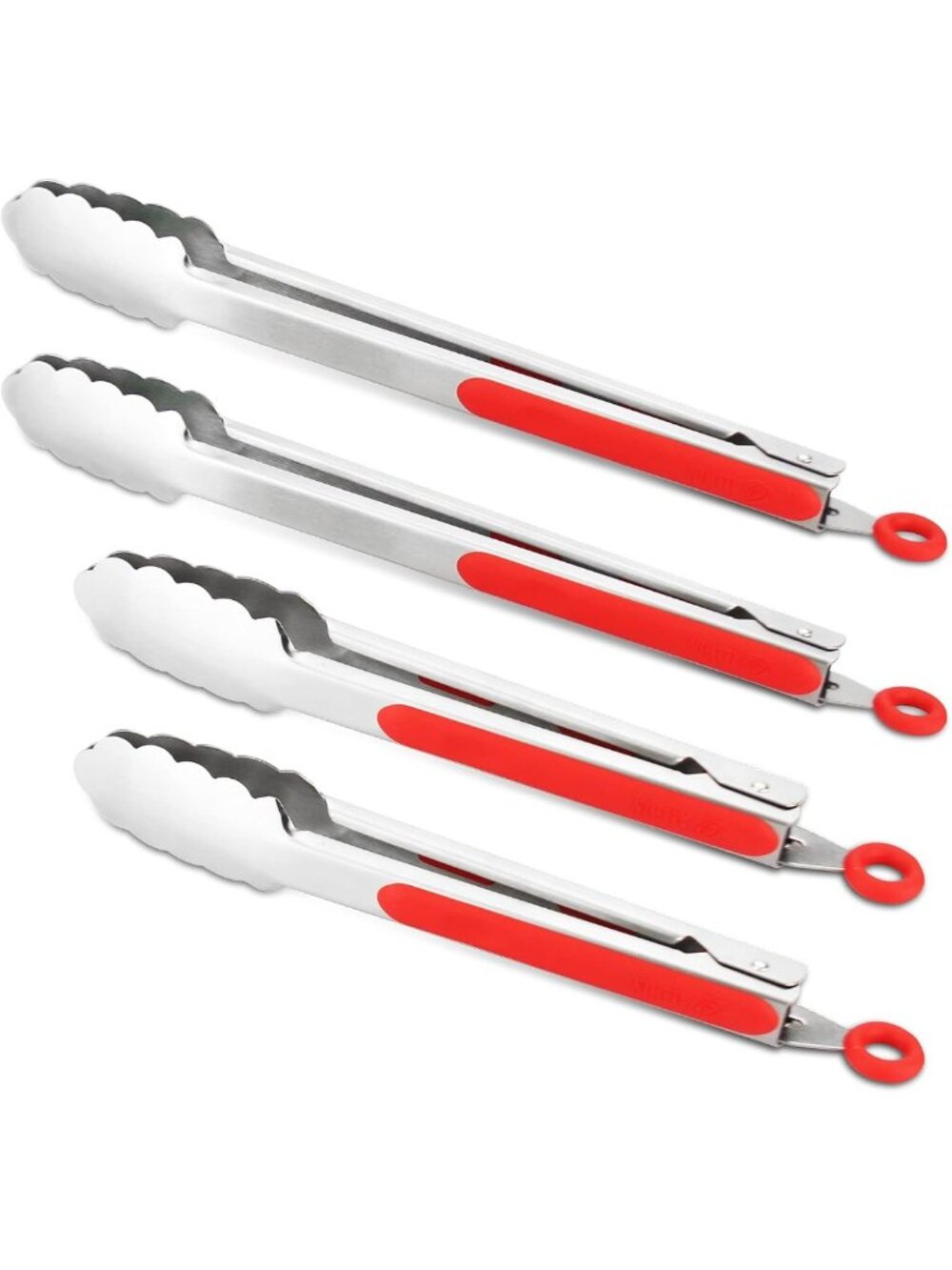 Durable 304 Stainless Steel Locking Kitchen Tongs Set, 9 & 12 Inch, 4-Piece, Red